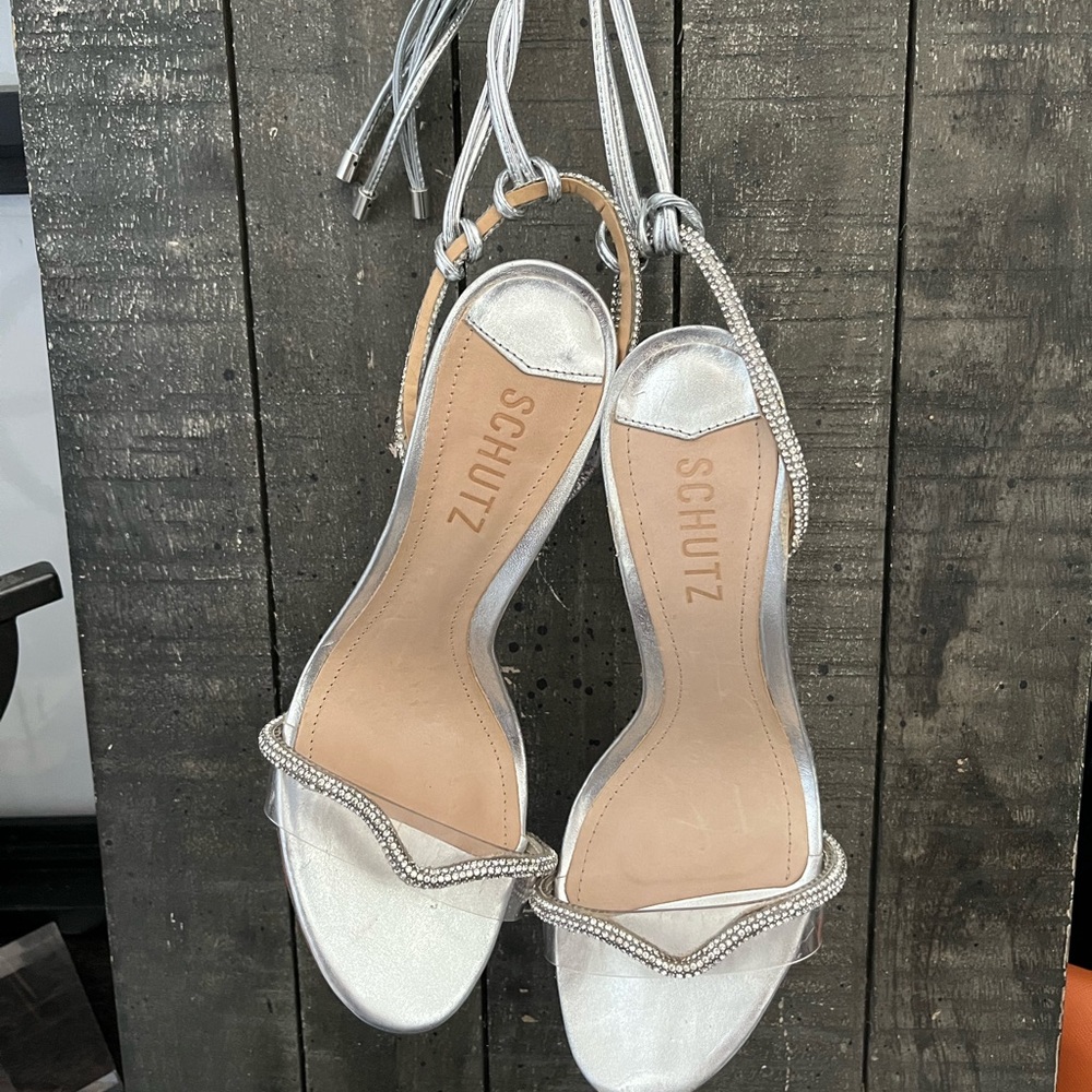 SCHUTZ Cath Rhinestone Silver Bling Silver Ankle Tie Heels 7B Made in Brazil